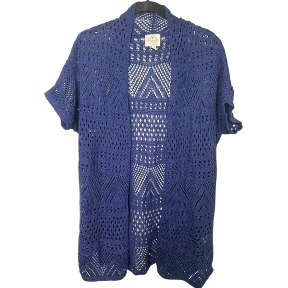 St‎ Johns Bay Womens Blue Crochet Knit Open Front Cardigan Sweater Medium Ramie